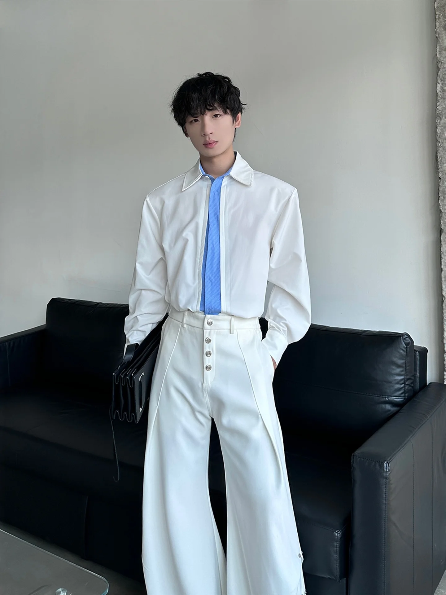 Marthenaut Unique Design Sense Patchwork Shirt Long Sleeve Turn-down Collar Pure Color Versatile Loose Fit Summer Youth Fashion
