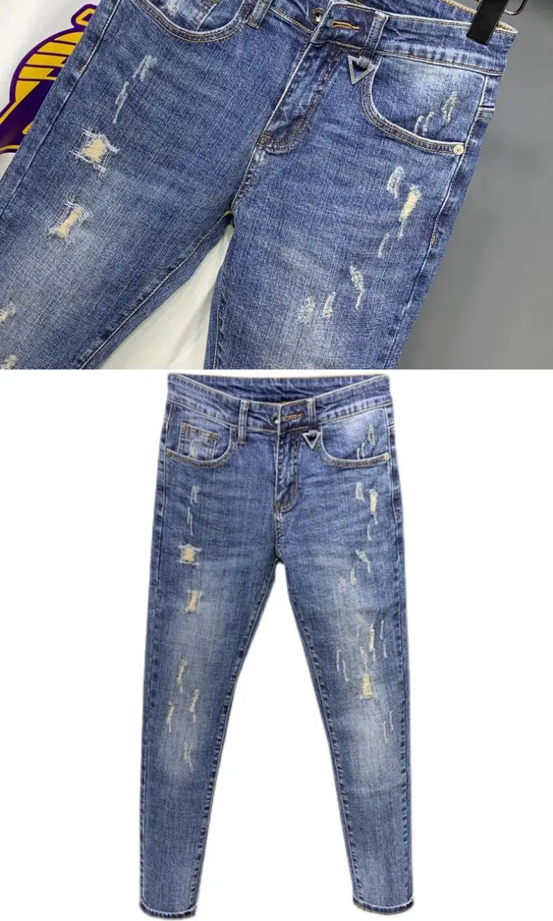 Jeans jeans casual masculino com buracos rasgados, calça justa, estilo coreano, roupas de luxo, novo design, moda, primavera, outono