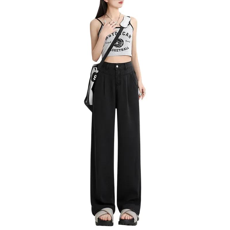 

Поп-высококачественные синие джинсовые брюки для женщин летом, тонкий дизайн, новые прямые широкие брюки с высокой талией для женщин