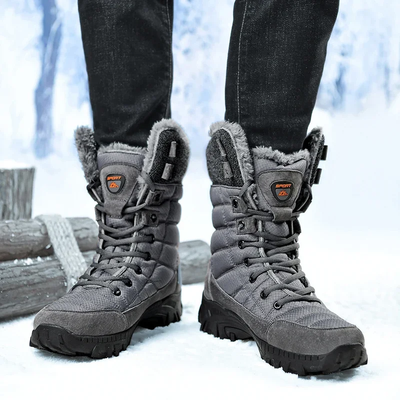 Botas de caminhada de couro impermeável para homens, super quente, top alto, tamanho grande, tênis ao ar livre, botas de neve de inverno, alta qualidade