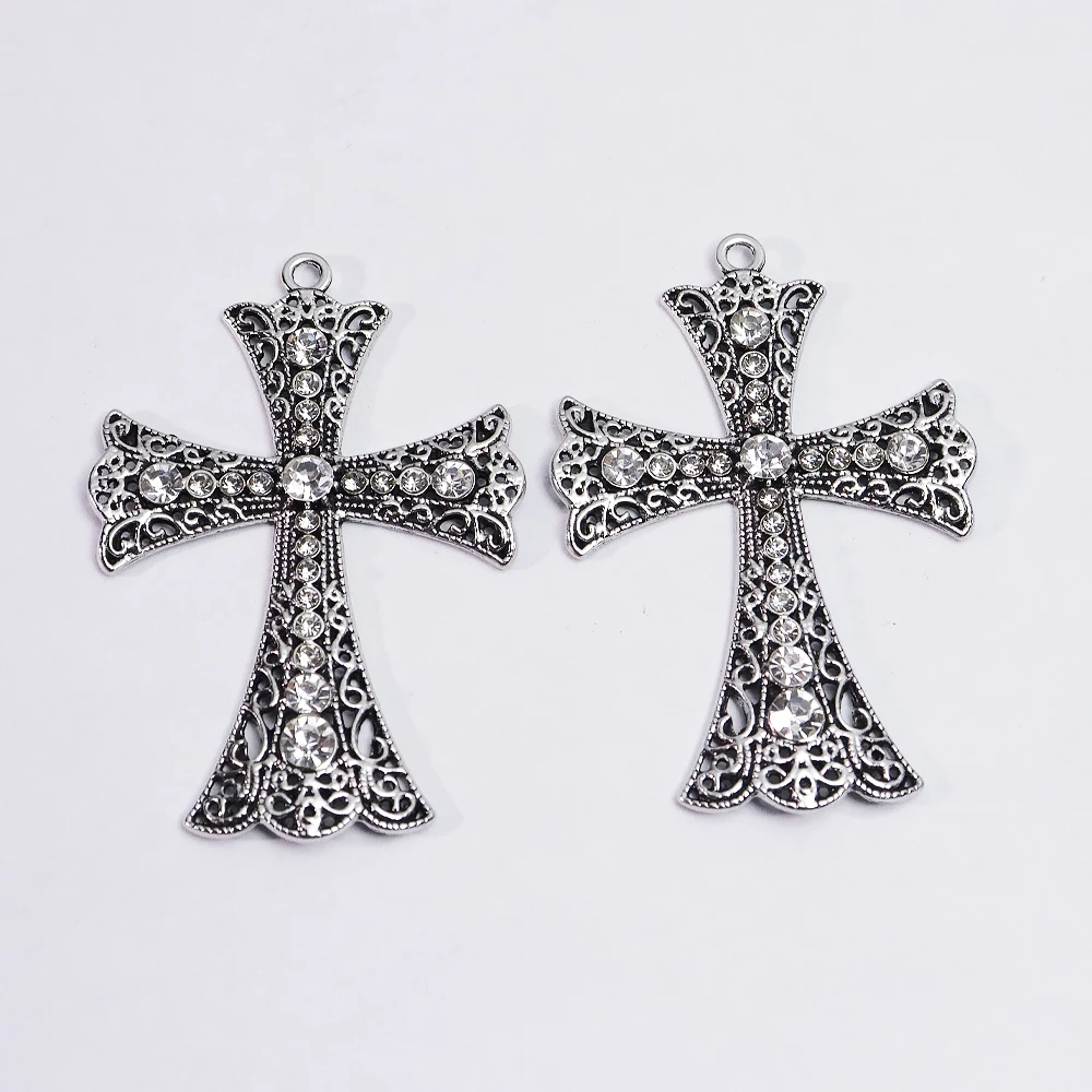 2 Piezas de Dijes de Cruz de Cristal Plateado Antiguo con Pedrería, Colgantes de Cruz con Filigrana para Accesorios de Joyería DIY