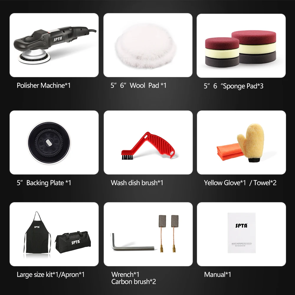 SPTA 5inch 125mm Forced Rotation Dual Action polisher Professinal Car Buffing Polisher Set with Polishing Pads