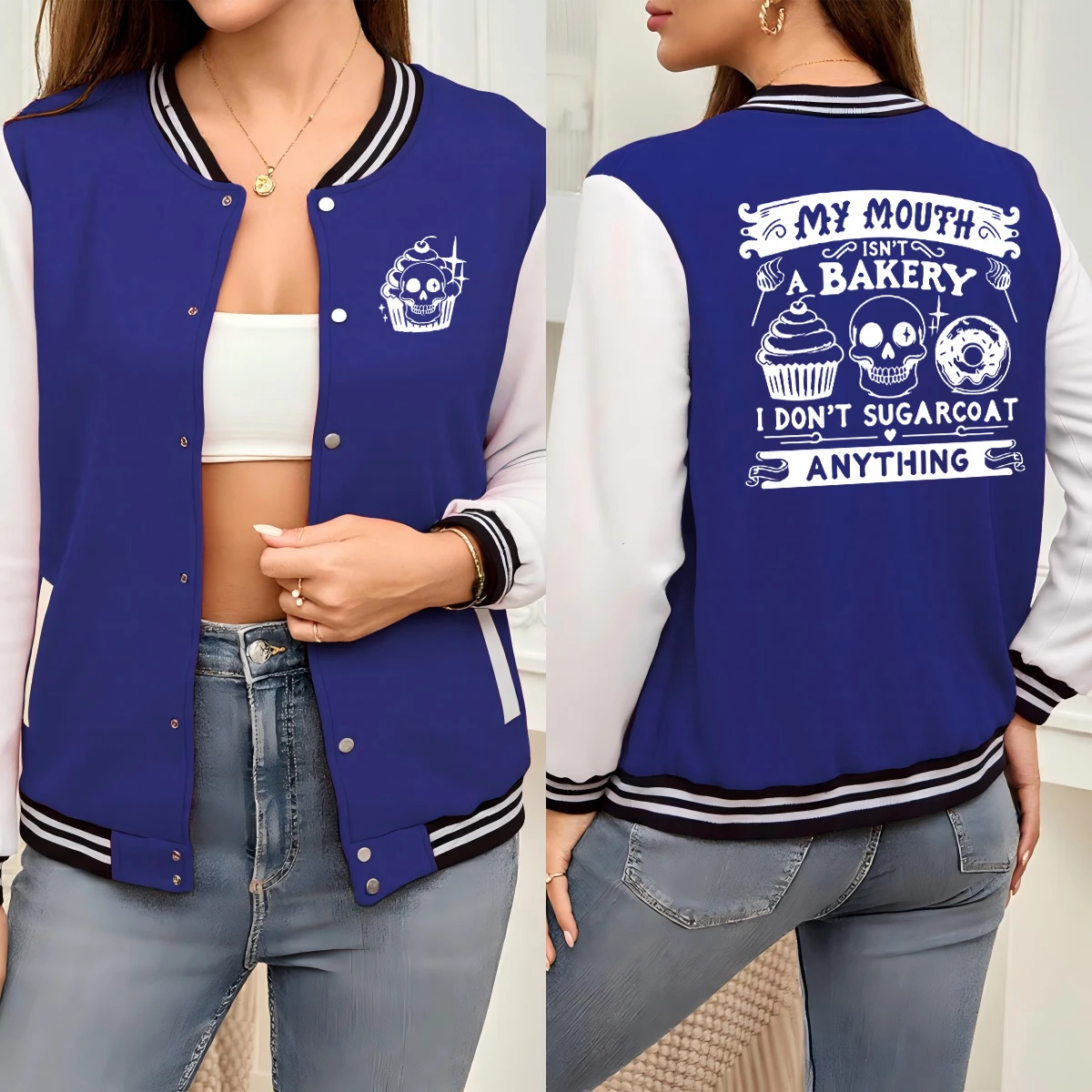 

Куртки с принтом черепа Cake Donut, женские свободные бейсбольные майки больших размеров, спортивная верхняя одежда большого размера, повседневная новая американская униформа