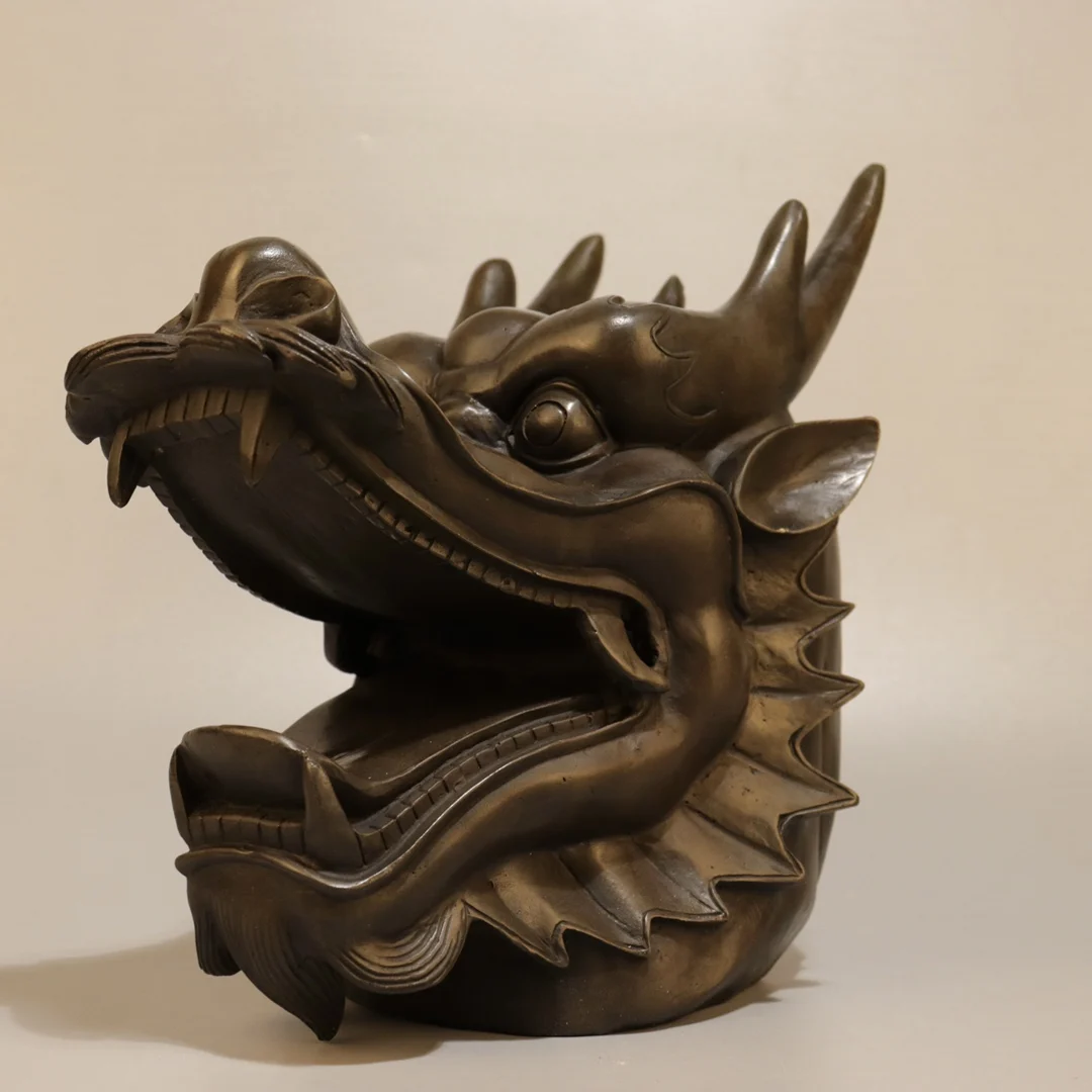 10"Tibetan Temple Collection Old Brass Chinese Loong Statue  Dragon Head Statue  Divine Beast Ornaments Town house Exorcism