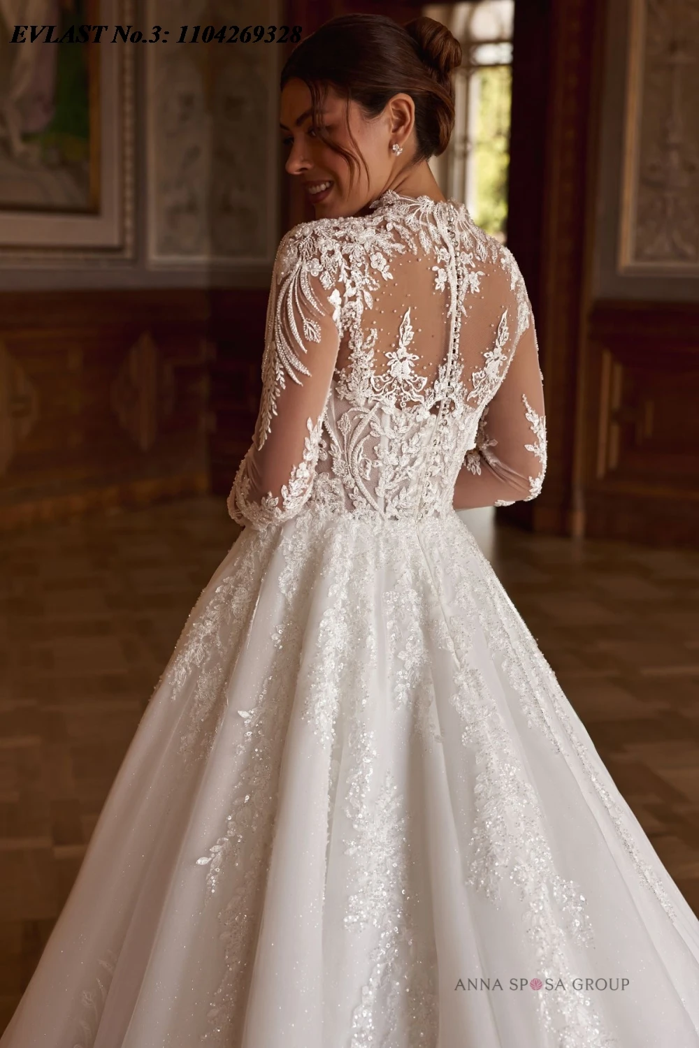EVLAST فستان زفاف أنيق مخصص على شكل حرف A بأكمام طويلة ورقبة عالية مزين بالزهور فستان زفاف مطرز Vestidos De Novia E3WA62 #5