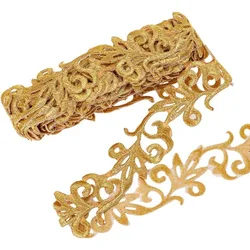 1pc 4.37 Yards Gold Embroidery Polyester Ribbons 1.3 Inch Wide Adhesive Goldenrod Lace Trim Iron on Metallic Flower Lace
