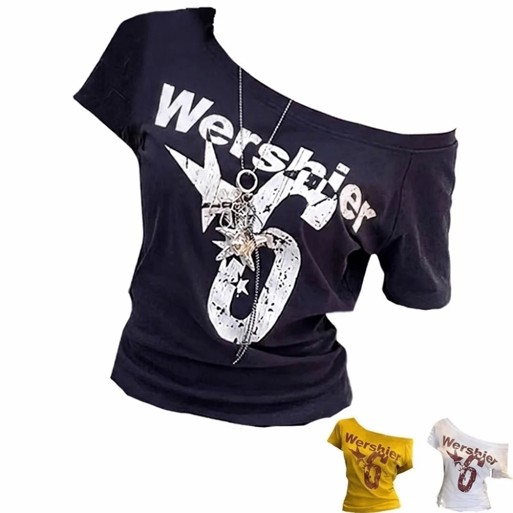 Sexy Y2k Off Shoulder Top Letter Print Skew Collar Crop Top Body Basic Summer Top Summer Wear