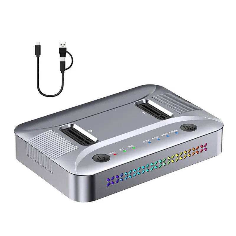 

Reliable-Dual-Bay M.2 RGB SSD Docking Station M.2 NVME NGFF SSD Enclosure USB3.2 GEN2 Type C 20Gbps Data Transfer Support Offlin