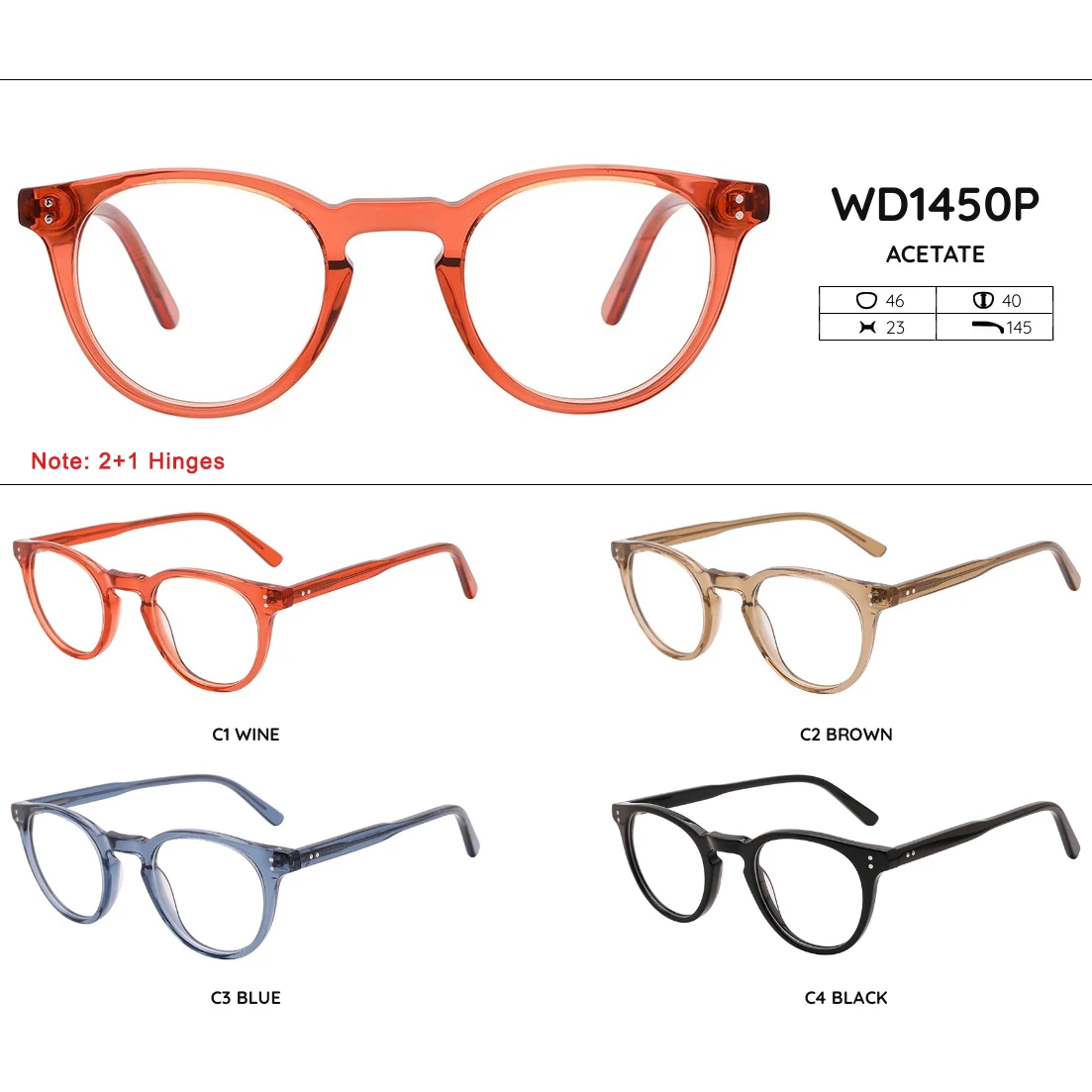 SASAMIA-Óculos acetato redondo, óculos transparentes, Single Colors Frame, óculos de prescrição óptica, grandes templos, WD1450P, Unisex