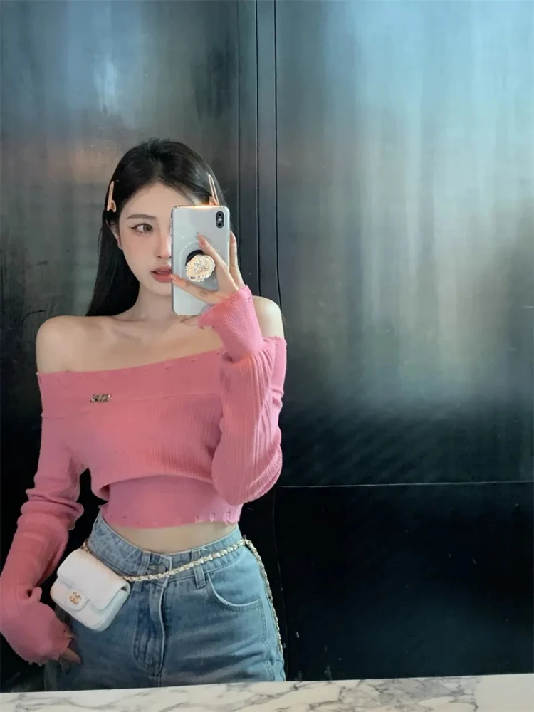 

Y2k Spicy Girl Slash Neck Knitted Tops Autumn Slim Fit Long Sleeve Base Pullover Sweet Solid Hole Design Short Sweater