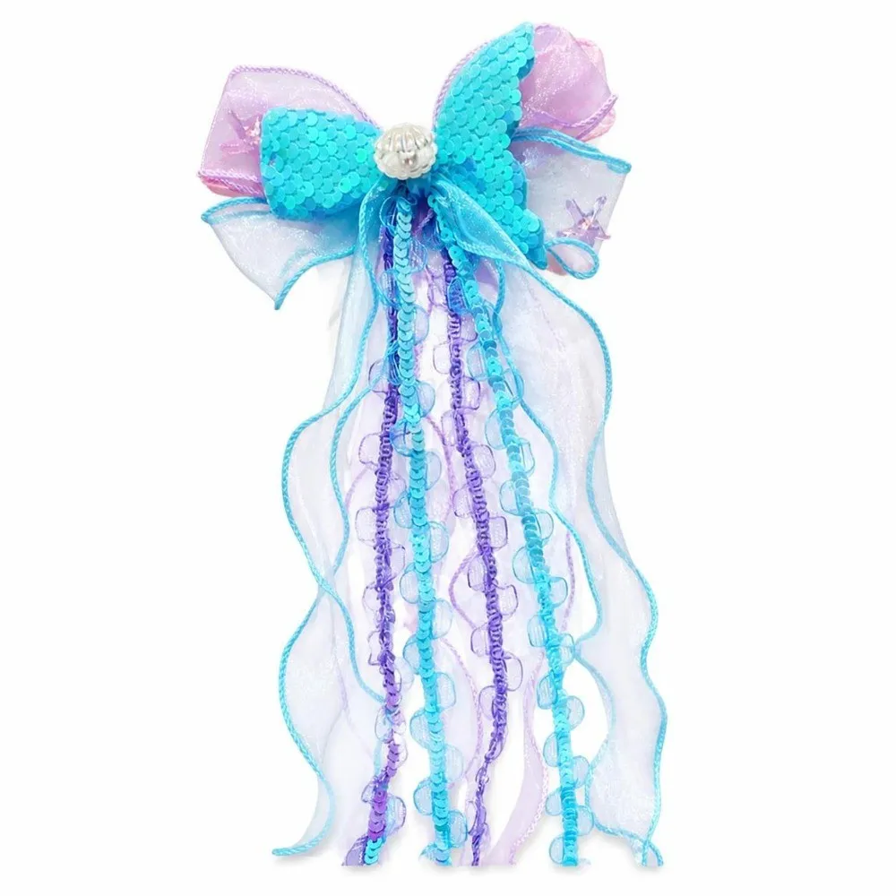 Elegant Bow Mermaid Hair Clip Sparkly Sequins Floating Yarn Tassel Princess Bow Hairpin Tassel Hair Clip Princess Costume
