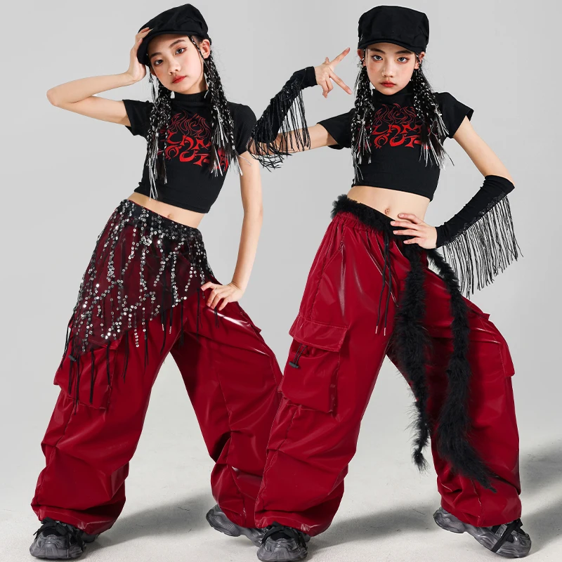 Hip Hop Mädchen Quasten Crop Top T-shirt Leder Hosen Street Dance Röcke Kinder K-pop Streetwear Kinder Jazz Kleidung Set kostüm