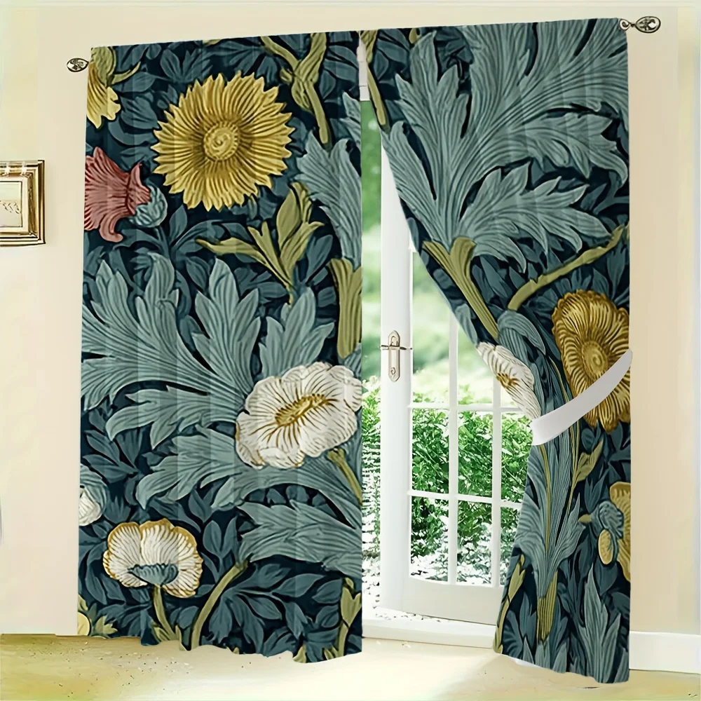 2pcs William Morris Honeysuckle Curtains No Rod — Deep Teal with Bold Floral & Acanthus Leaves, Sheer Polyester for Living Room
