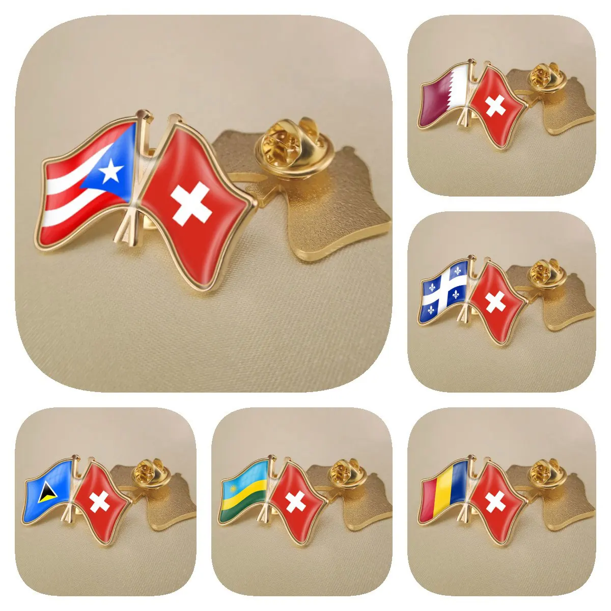 Switzerland and Puerto Rico Qatar Quebec Romania Rwanda Saint Lucia Double Crossed Friendship Flags Brooches Lapel Pins Badges