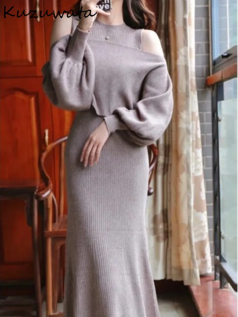 Kuzuwata Elegant O Neck Lantern Sleeve Set Knit Jumper Slim Waist French Luxury Sling Dress Japan Celebrity Mermaid Suit Robe