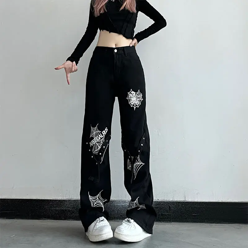 

Spider Web Denim Pants Trend High Waist Pants Fashion Loose Straight Leg Wide Leg Casual Pants for Women Retro Jeans