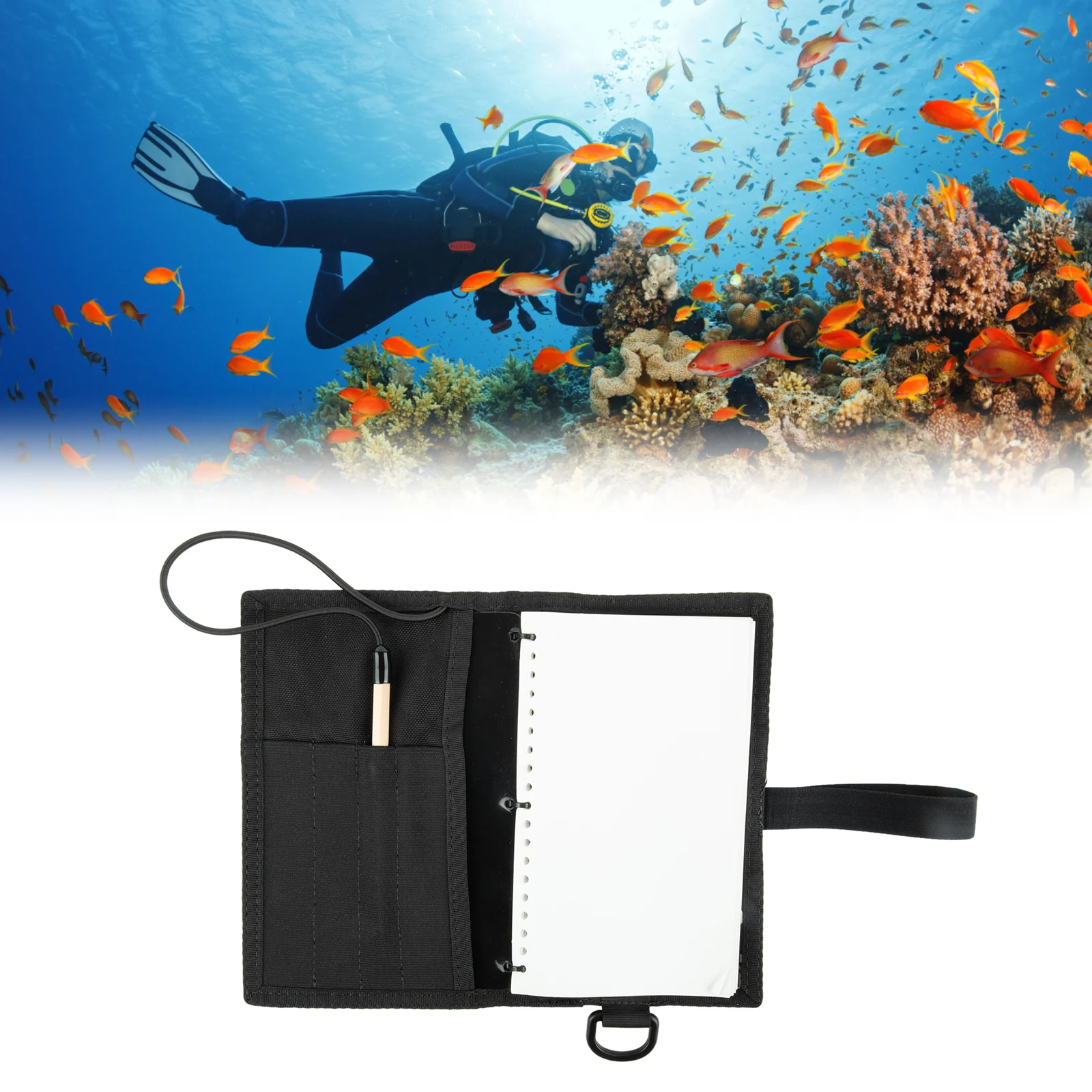 Underwater Writing Book for Scuba Diving with 50 Page Refillable Wetproof Paper and D-Ring Lanyard Integration