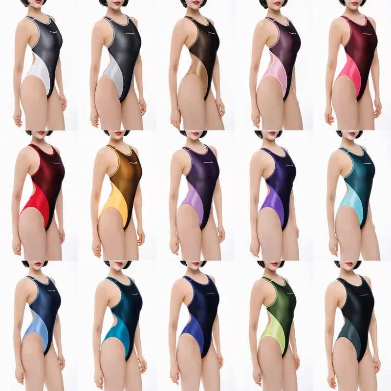 

Customized Sexy Mesh Glossy Tight Double Layered Women's Height Slit One-piece Swimsuit Bikini Gymnastics Jumpsuit Leopard Top