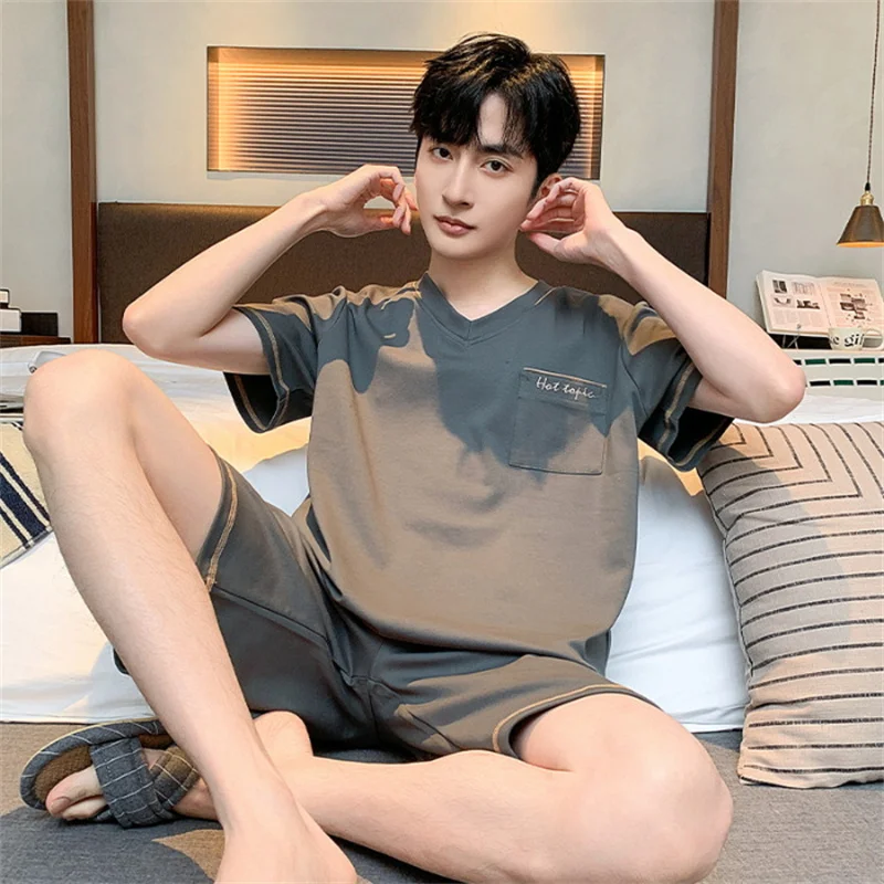 

Two-Piece Men Pajamas Set Short-Sleeved Shorts Student Homewear Round Neck Yonthcartoon Letters Striped Sleepwear Loungewear 3