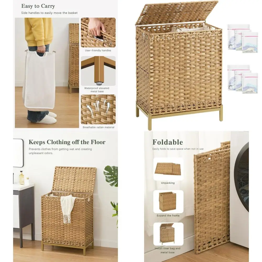 

Natural 112L Rattan Laundry Hamper with Lid, 2 Liners, Metal Feet, and 6 Mesh Bags for Home Organization