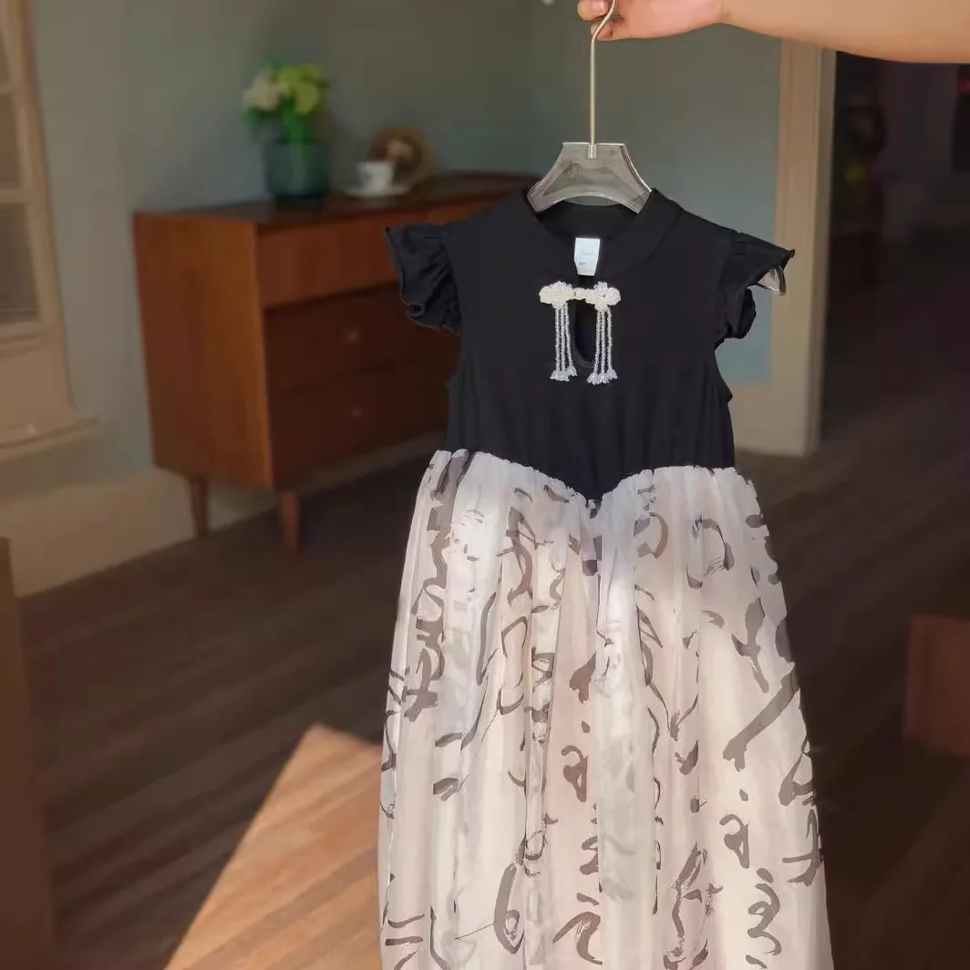 Girls Dress Summer 2025 New Children's New Chinese Ink Painting Pan Top Princess Dress Ancient Elegant