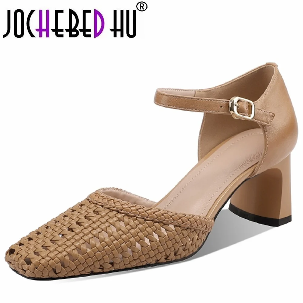 JOCHEBED HUHandmade Genuine Leather Sandals Women High Thick Heels Hollow Out Sandals Young Party Dating Summer Shoe 33-43