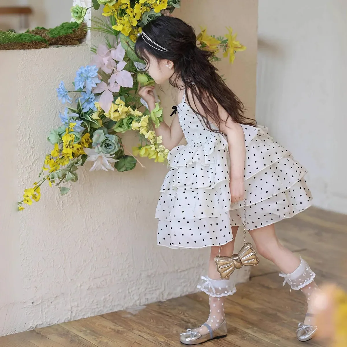

Girls Summer Dress Fashionable Polka Dot Chiffon Skirt with Butterfly Knot Puffy Dress Children's Clothing 90-140cm