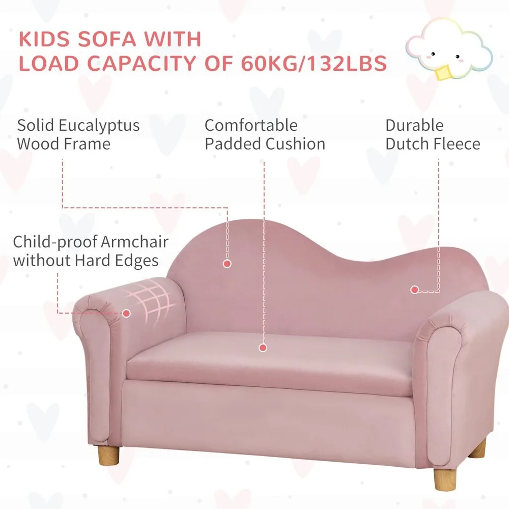 Ergonomic Foam Kids Sofa with Inner Toy Storage Chest, Velvet Kids Couch with Soft Arms, Children's Lounge Furniture