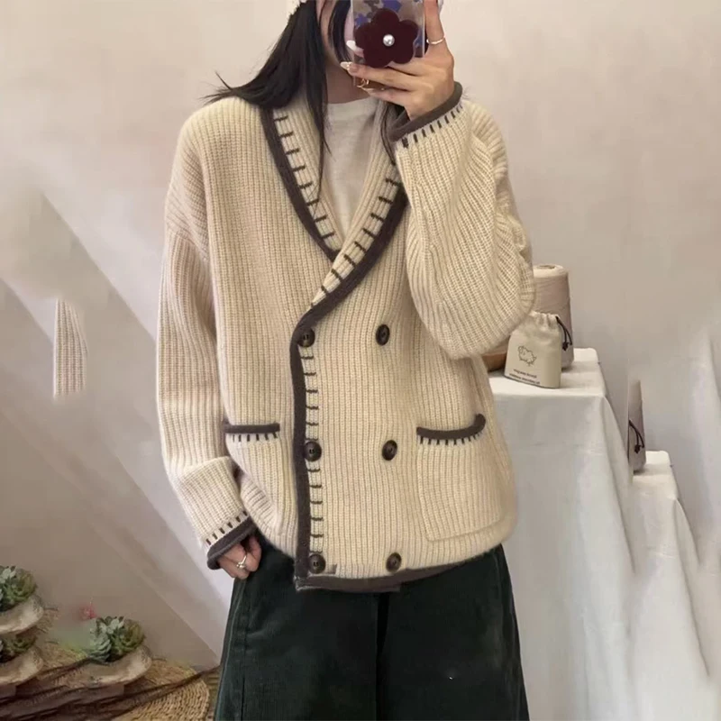 

Pure cashmere cardigan, women's suit, loose collar, heavy thickened knitted sweater, genuine high-end sweater at the counter