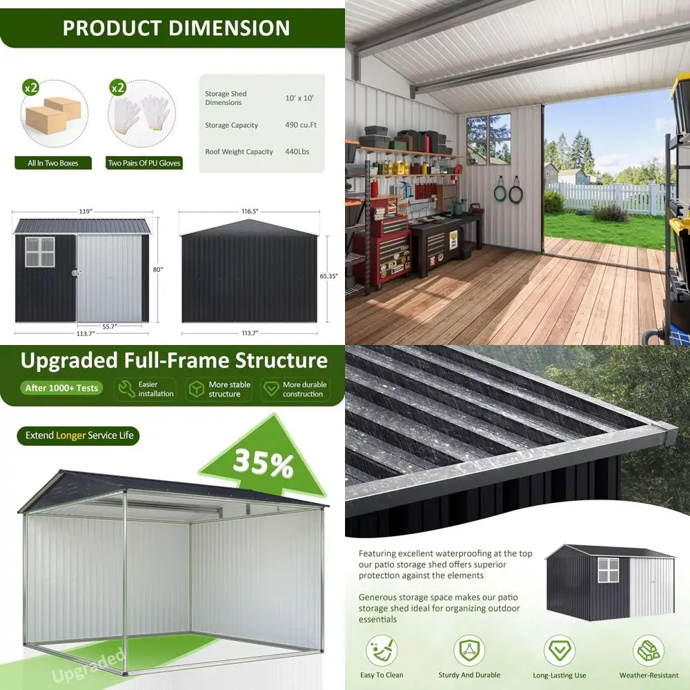 

Металлический навес для хранения на открытом воздухе 10x10 с запираемой дверью и окнами, идеально подходящий для садовых инструментов, серый