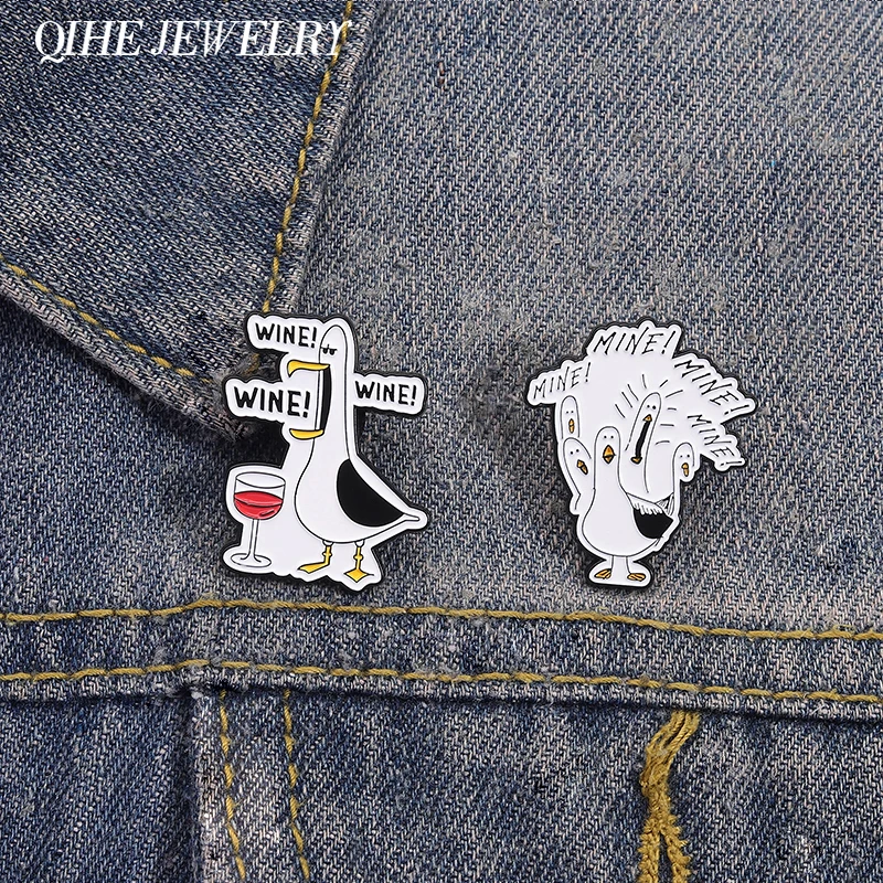 

Funny Cartoon Seagull Drinking Wine Enamel Pins Creative Mine Sea Gull Animal Brooches Backpack Lapel Badge Cute Jewelry Gifts