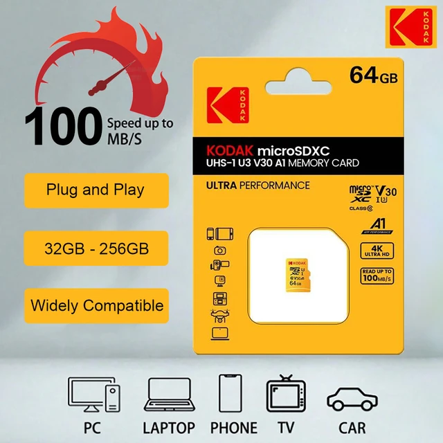 Oryginalna karta pamięci KODAK MicroSD 64GB 32GB Memori C10 TF Micro SD SDXC 128GB 256GB 512GB U3 V30 4K do telefonu z kamerą dronową