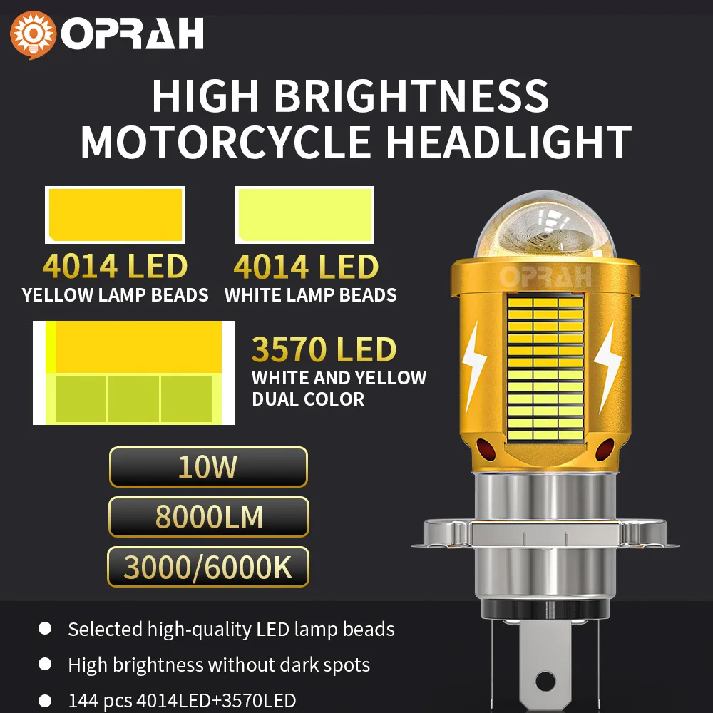 Oprah Super Bright LED H4 H6 BA20D Headlight For Motorcycle Bulbs ATV Scooter CSP Lens White Yellow Hi/Lo Lights Accessories 12V