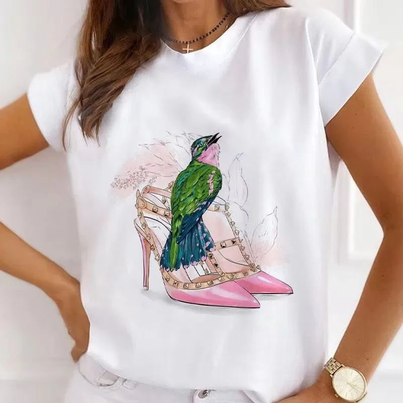 Summer New Women's Collection: Round-neck Casual Short-sleeved T-shirt, Women's Top with Parrot Pattern Print  polyester fabric