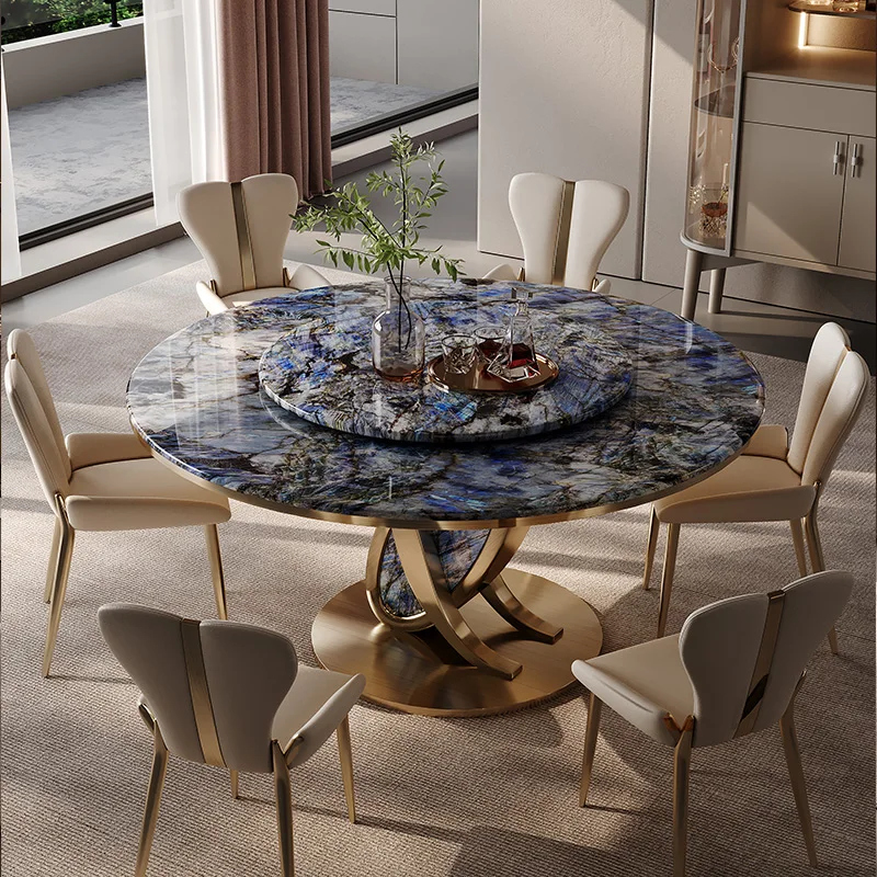 Round rock slab dining table Modern simplicity with turntable Microcrystalline stone marble Household light luxury dining table