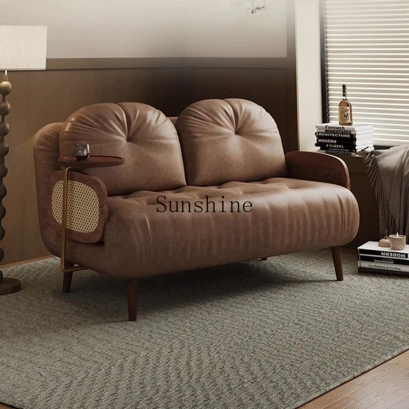 

Medieval style solid wood sofa bed leather folding dual-purpose small apartment living room retro multi-functional balcony