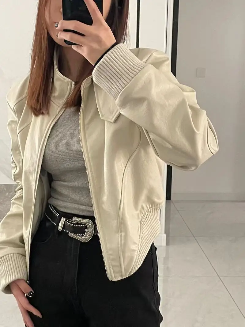 Plus Size Americano Retro Cuoio DELL'UNITÀ di elaborazione ort Jaet delle Donne 2025 Primavera Nuovo Allentato Moto Stand Collare Jaet Cappotto di Pelle