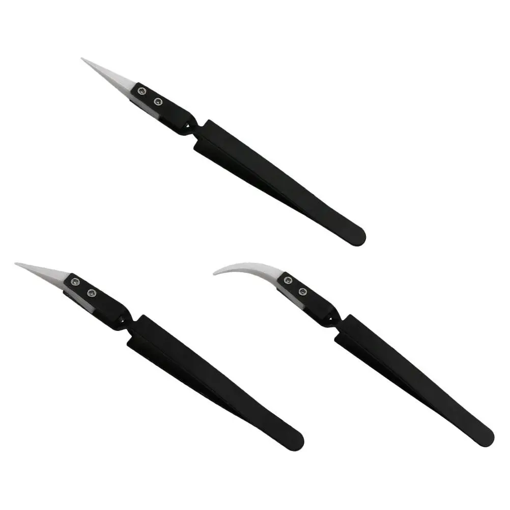 3pcs Electronic Tweezers Stainless Steel Ceramic Tip Precision Heat Resistant Insulation Curved Straight Fine Point Tools