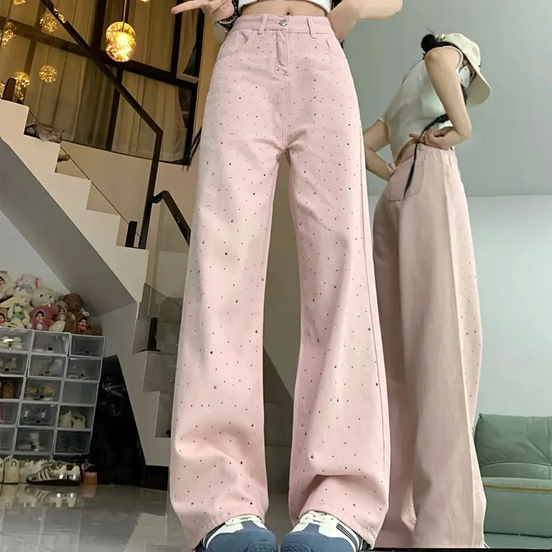 

Female Clothing Pink Embellished Trousers High Waist Button Denim Pants Spring Summer Wide Leg Sweet Straight Jeans