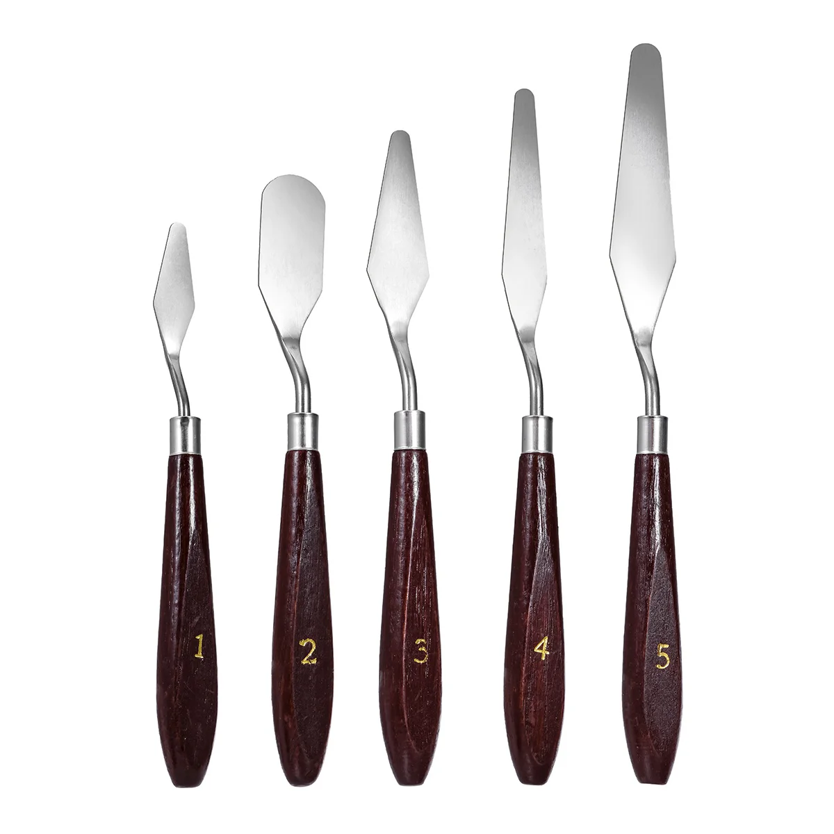 

5 Piece Stainless Steel Palette Knives Set Wood Handles Different Shapes Sizes Ideal for Painting Supplies Mixing