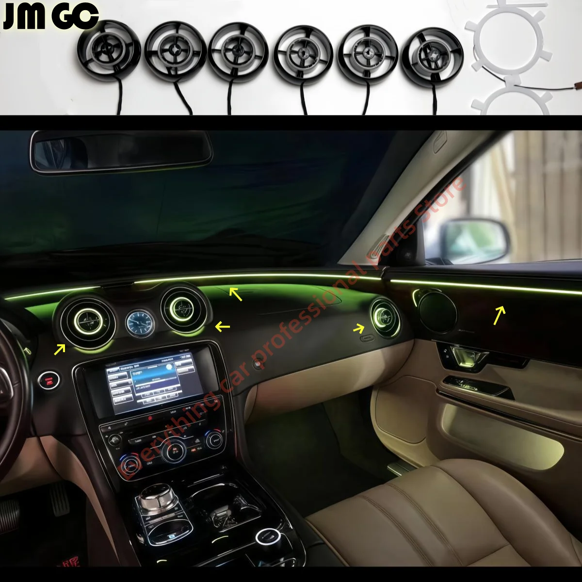 

Автомобильные детали, окружающее освещение для Jaguar XJL, дверная светодиодная направляющая полоса, 64-цветная, модификация окружающей среды, светящаяся вентиляционная лента