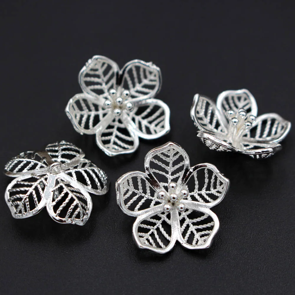 10pcs Brass Casted 5 Petals Filigree Flower Stamens Ball Pins Pendant Charms Quality Bridal Hair Wedding Jewelry Accessories