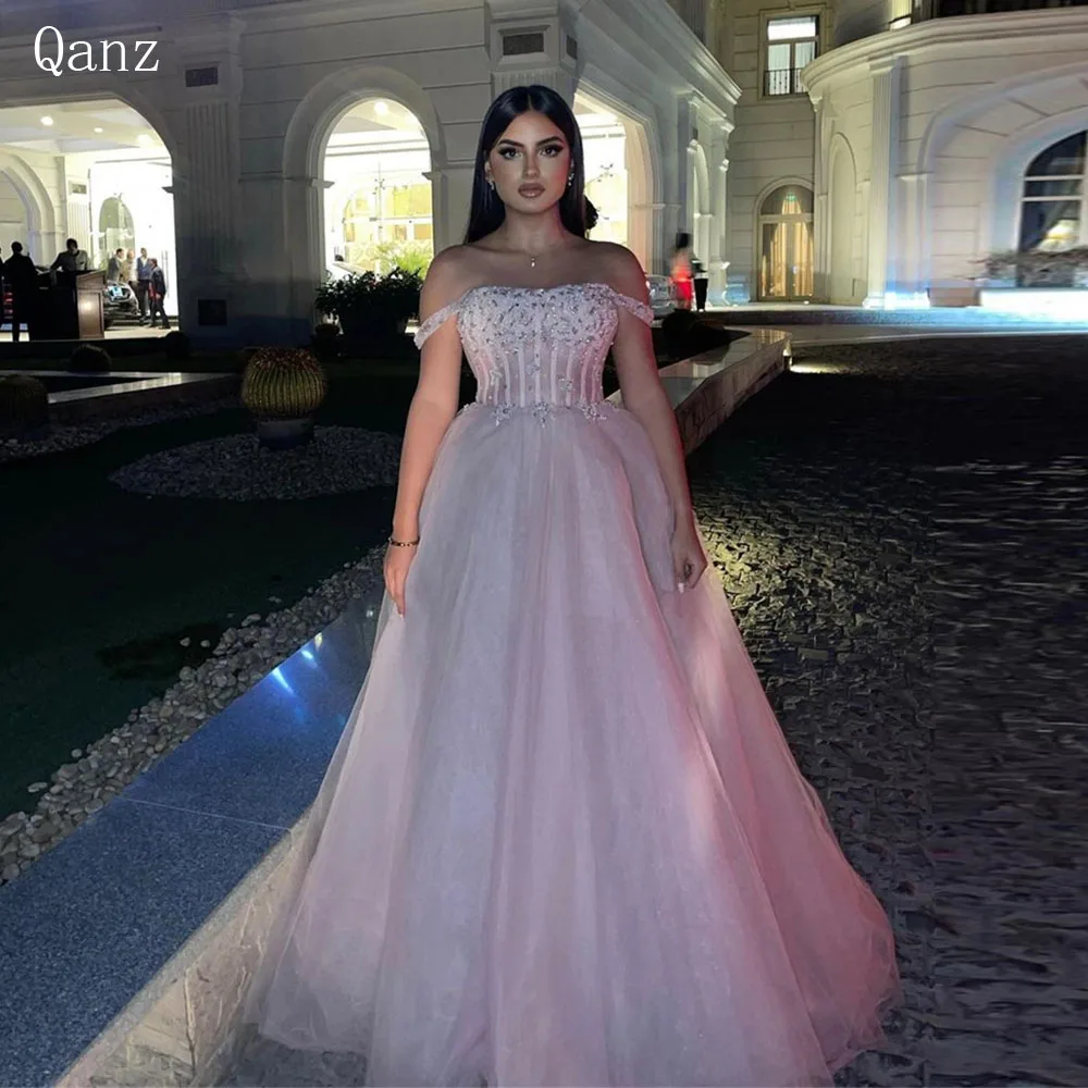 

Qanz Pink Party Prom Dresses Off The Shoulder Crystal Sequined Ball Gown Plus Size Women Tulle Long A Line Dress Party Night