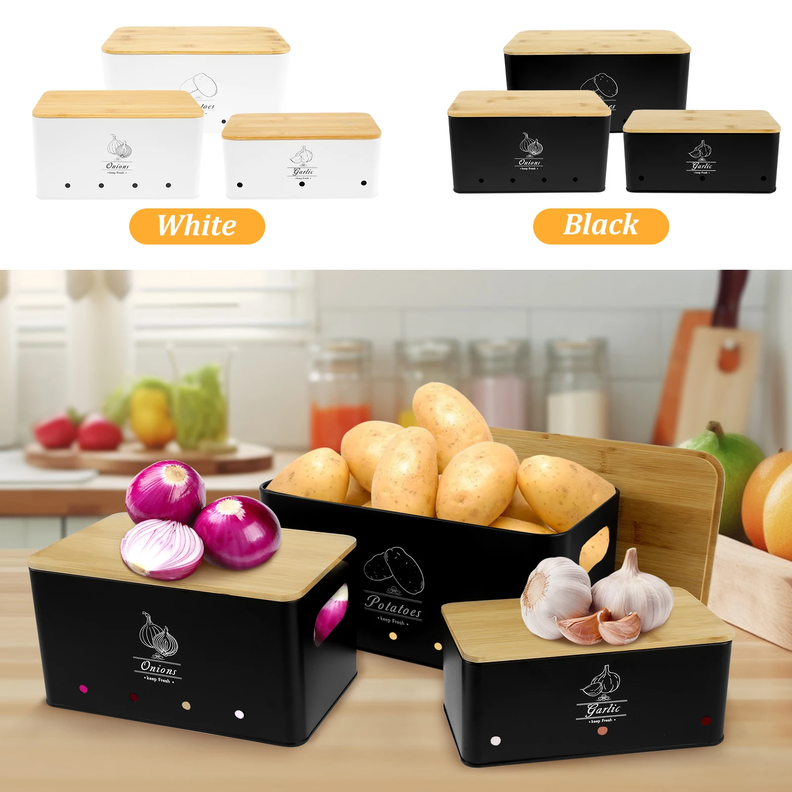 Set 3 Contenitori Per Verdure In Acciaio E Bambù - Per Patate, Cipolle, Aglio, Forati, Impilabili
