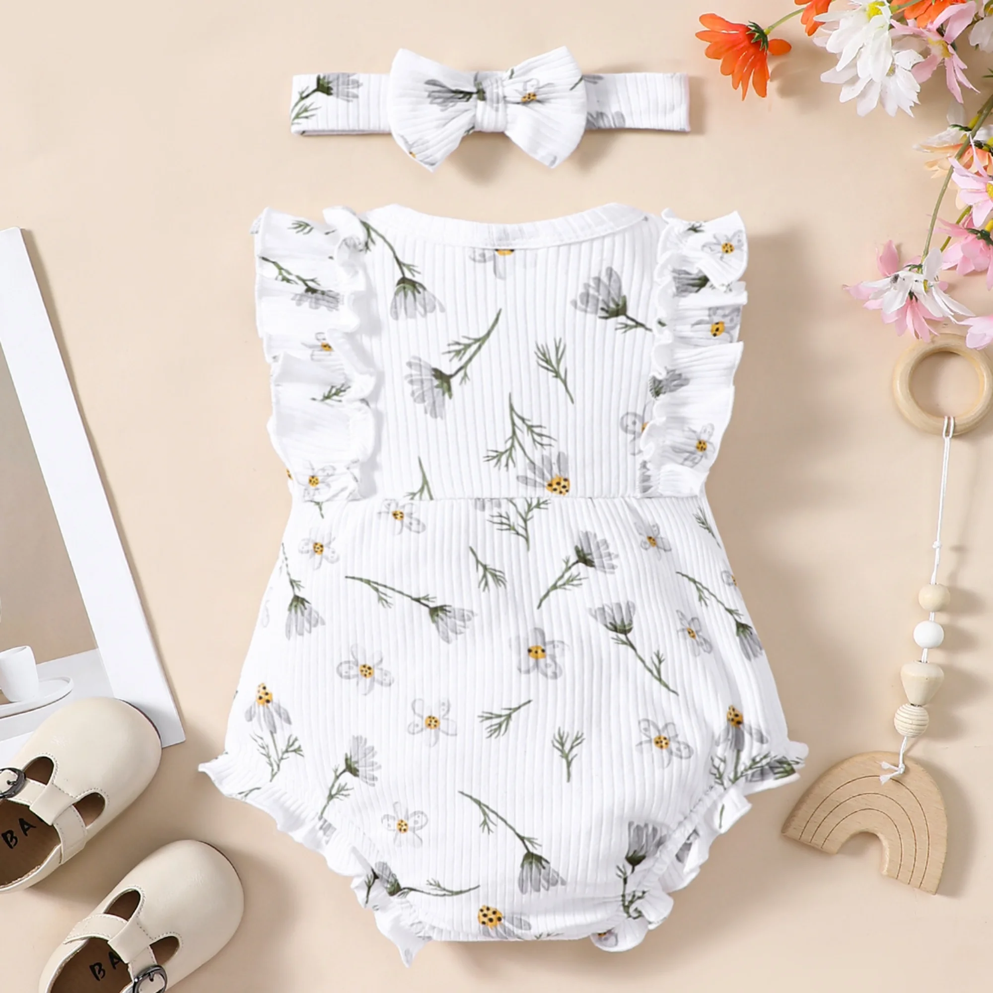 2PCS Summer Baby Sleeveless Casual Style Pure Cotton Elegant Small Flower Slim Fit jumpsuit Cute Little Girl Crawling Clothes