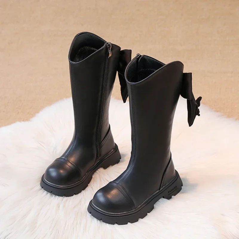 Little Girls Winter Knee High Boots, Fleece Lined Rhinestone Butterfly Bow Side Zipper Non Slip Thick Sole Boots for Party Daily
