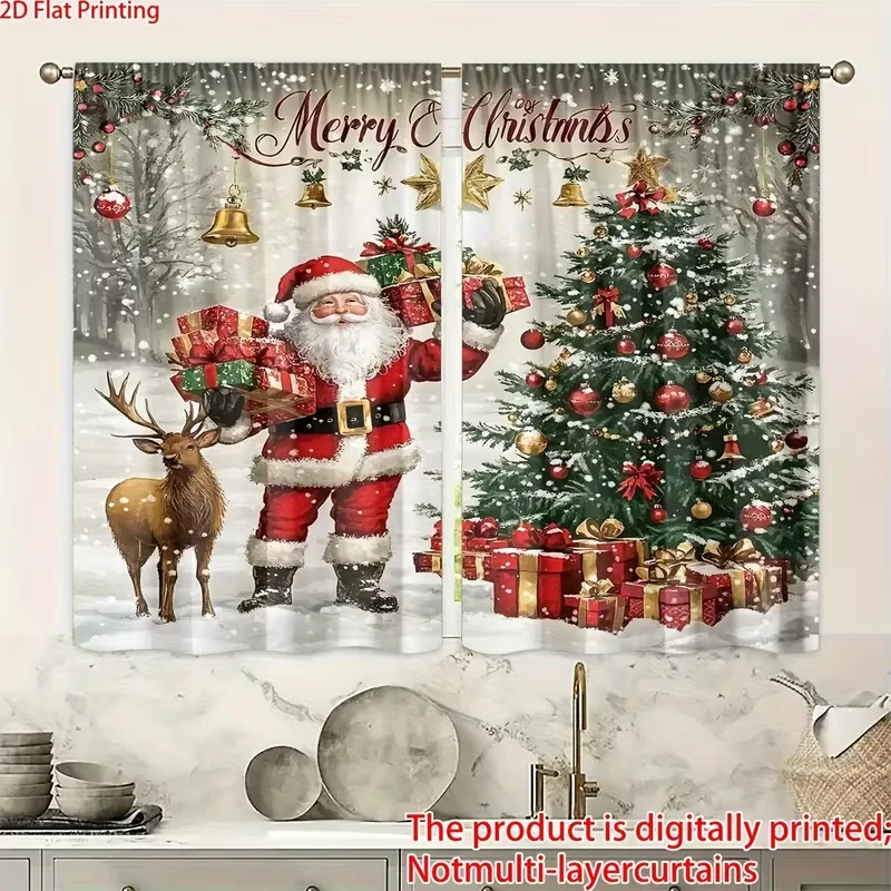 2D Flat Christmas Curtains Theme Santa Claus Gift Printed Blackout with Rod Pocket Design for Bedroom Curtains