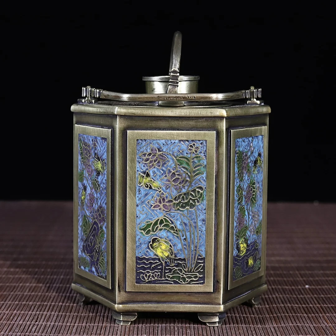 White Copper Jingte Blue Floral And Bird Hexagonal Handle Wine Warmer 6