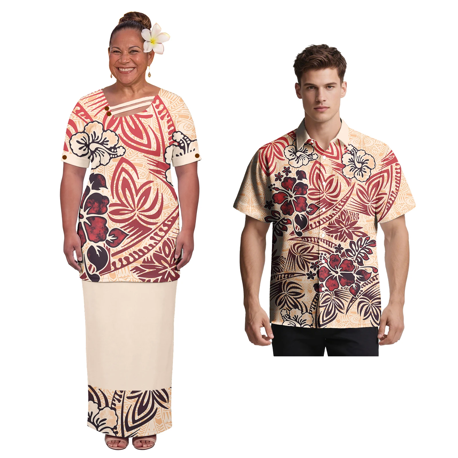 Latest Design Polynesian Women Asymmetric Neckline Puletasi Dress Men Beach Casual Shirts Samoan Church Matching Couple Outfits