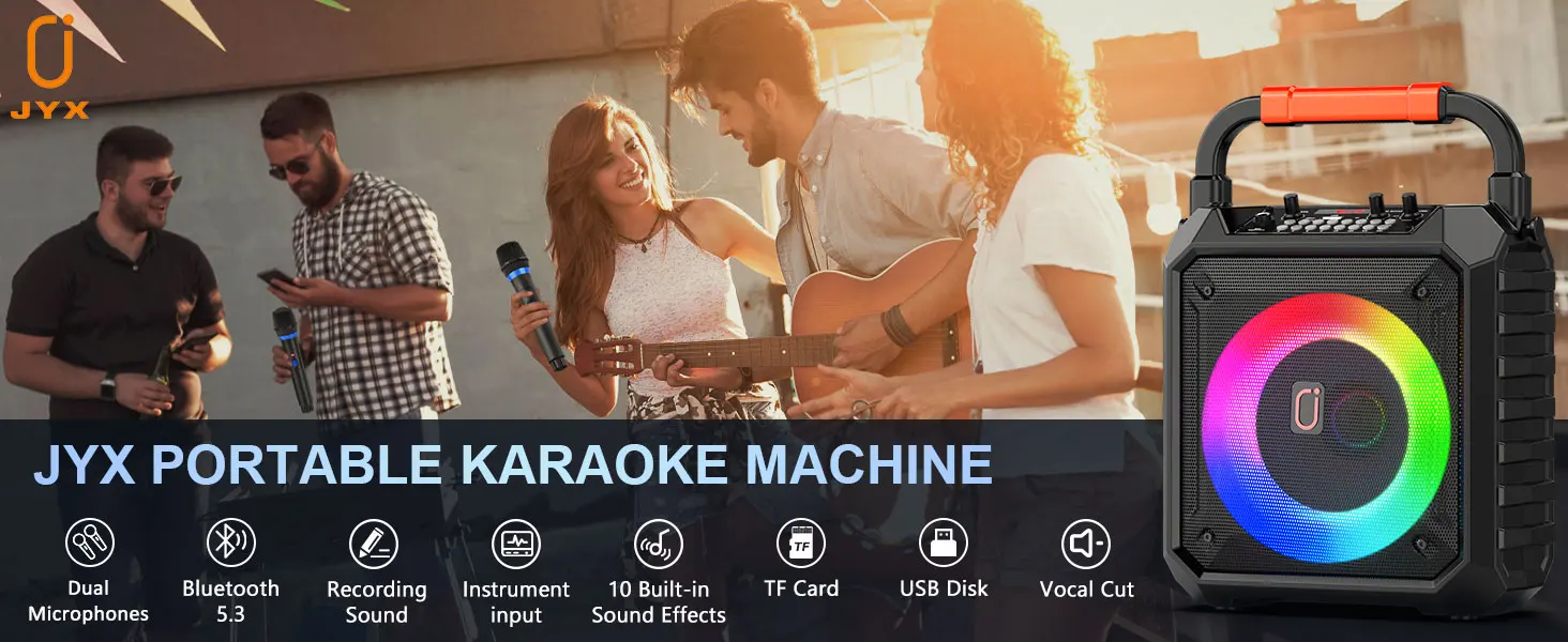 T17 Karaoke-Maschine mit 2 kabellosen Mikrofonen, tragbarer Bluetooth-Lautsprecher mit RGB-Licht, Karaoke-System für Karaoke, Hausparty – Detail 1